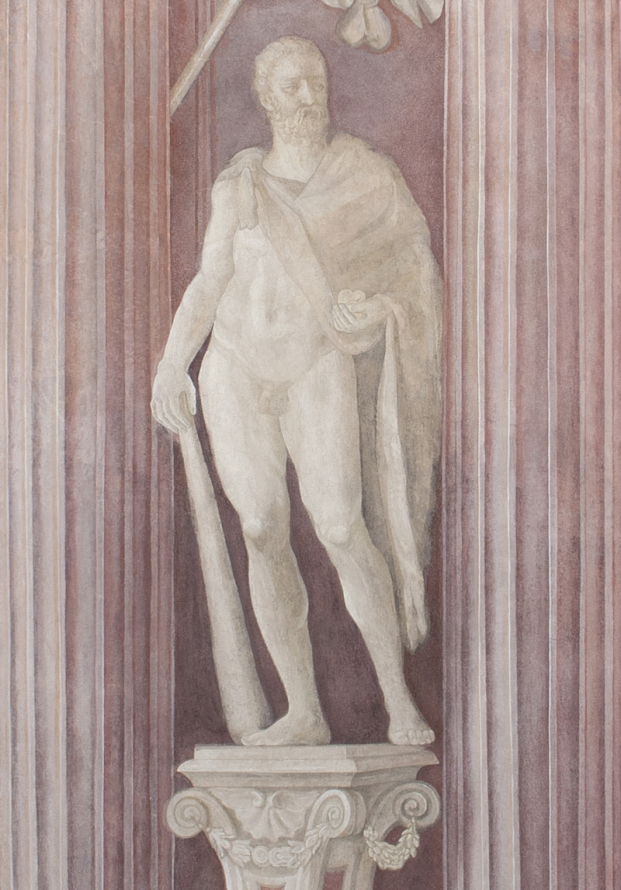 Fresk przedstawia nagiego mężczyznę stojącego w pozie kontrapostu, który ma narzuconą na ramiona szatę. Jest to Herkules z jabłkami Hesperyd i skórą z lwa nemejskiego. Mężczyzna prawą ręką podtrzymuje maczugę. 